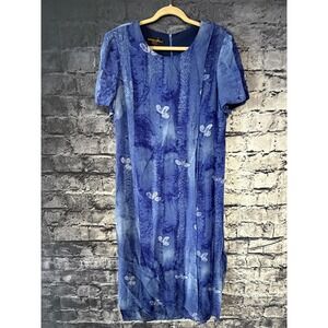 Donna Ricco Dress Womens 16‎ Blue Floral Short Sleeve Midi Lined Made USA Scarf